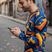 Men's Lightning Henley Shirt – Maximalist Cyberpunk Streetwear by Aesthetic Rebellion