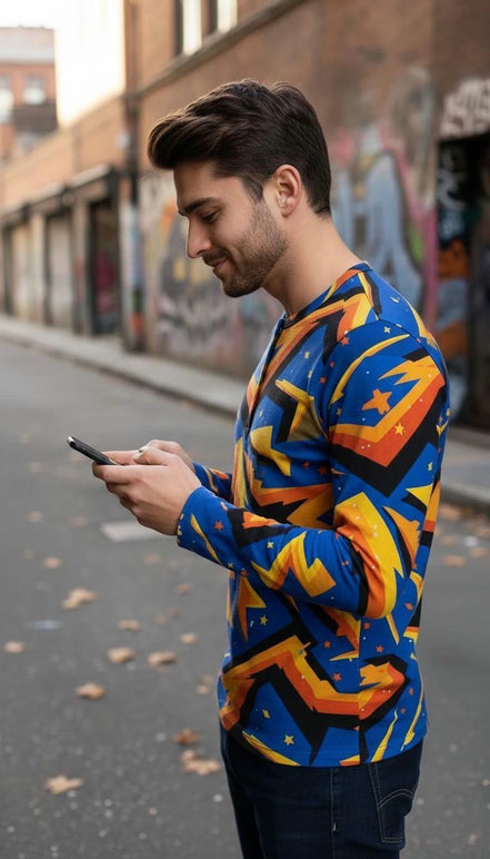 Men's Lightning Henley Shirt – Maximalist Cyberpunk Streetwear by Aesthetic Rebellion