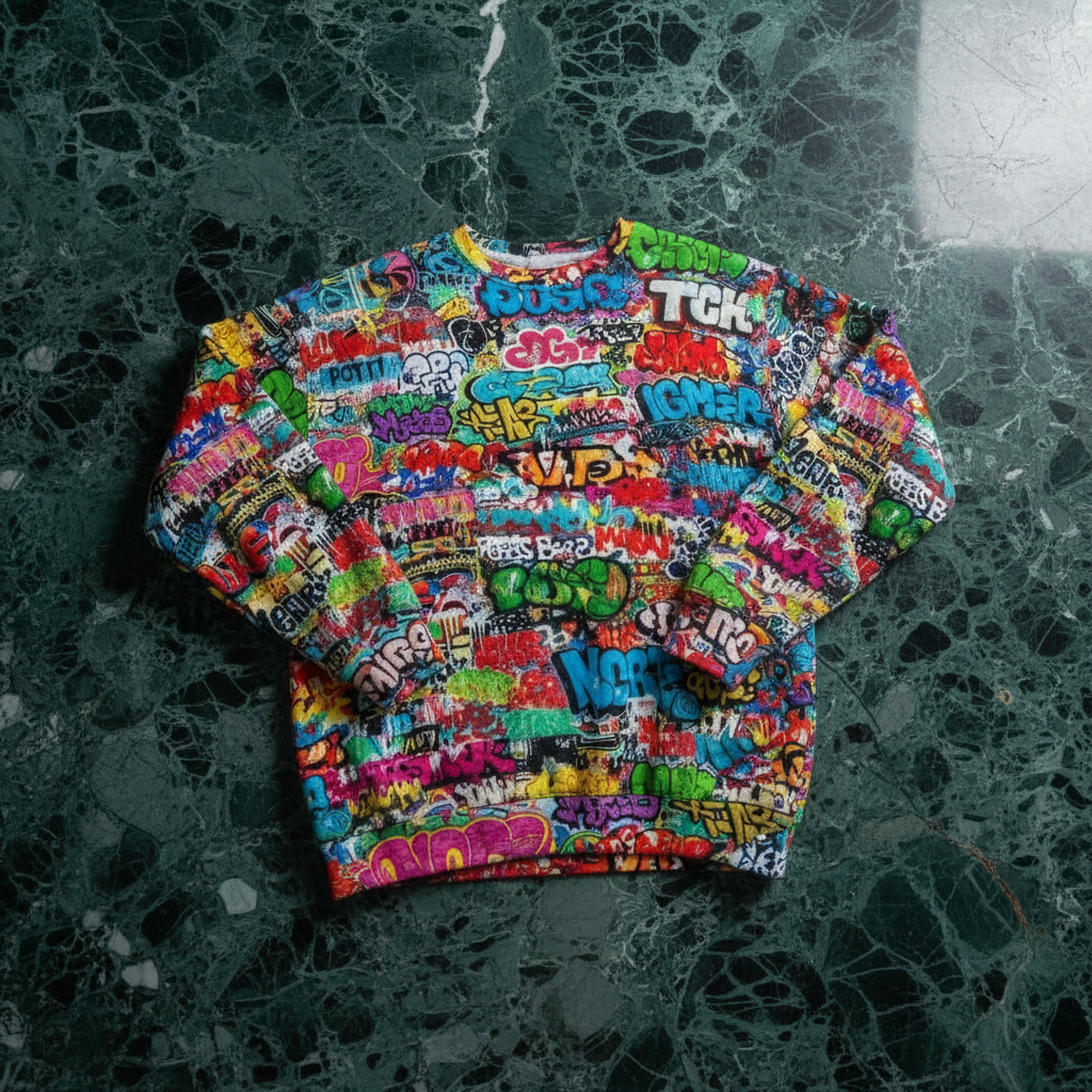 OG Graffiti Tag AOP Crewneck Sweatshirt for Hip-Hop Streetwear Collectors — Vibrant All-Over Print Cotton Unisex Statement Top, Dense Tag Collage Neon Urban Fashion