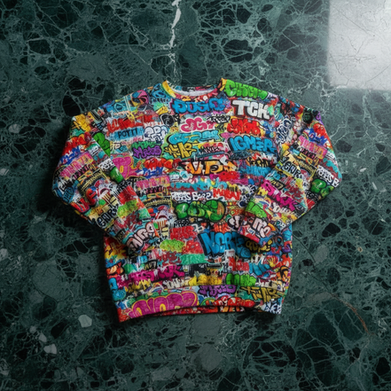 OG Graffiti Tag AOP Crewneck Sweatshirt for Hip-Hop Streetwear Collectors — Vibrant All-Over Print Cotton Unisex Statement Top, Dense Tag Collage Neon Urban Fashion
