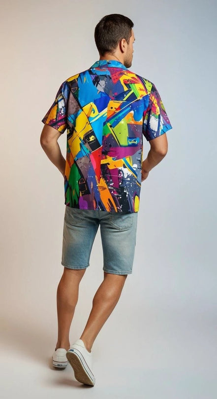 Trippy Tropics Vaporwave Hawaiian Shirt - Vibrational Vector AOP Button-Up for Cyber-Vacation & Festivals by Aesthetic Rebellion