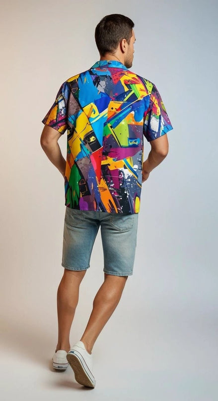 Trippy Tropics Vaporwave Hawaiian Shirt - Vibrational Vector AOP Button-Up for Cyber-Vacation & Festivals by Aesthetic Rebellion