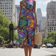 Maximalist Abstract Slub Cotton Summer Dress - Artistic Sleeveless Midi for Creative Fashion by Aesthetic Rebellion