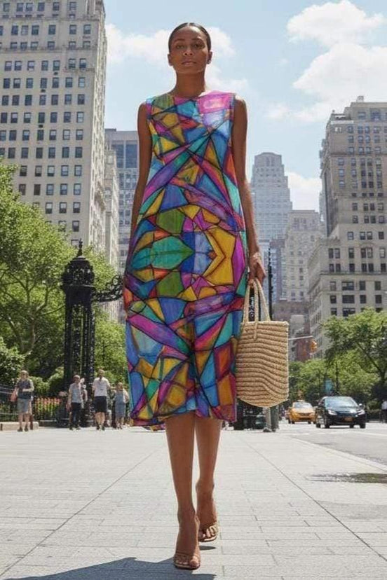 Maximalist Abstract Slub Cotton Summer Dress - Artistic Sleeveless Midi for Creative Fashion by Aesthetic Rebellion