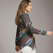 Modern Abstract Geometric Brushstroke Button-Up Blouse in Earthy Jewel Tones - Aesthetic Rebellion
