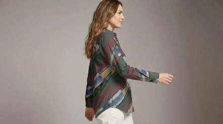 Modern Abstract Geometric Brushstroke Button-Up Blouse in Earthy Jewel Tones - Aesthetic Rebellion