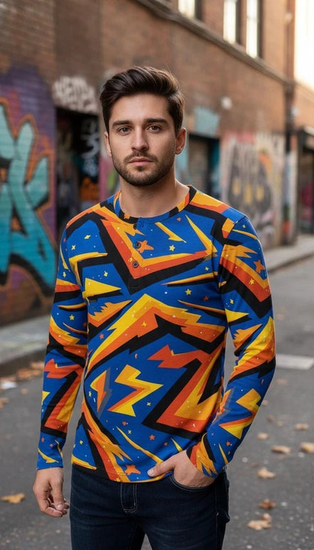 Men's Lightning Henley Shirt – Maximalist Cyberpunk Streetwear by Aesthetic Rebellion
