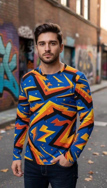 Men's Lightning Henley Shirt – Maximalist Cyberpunk Streetwear by Aesthetic Rebellion
