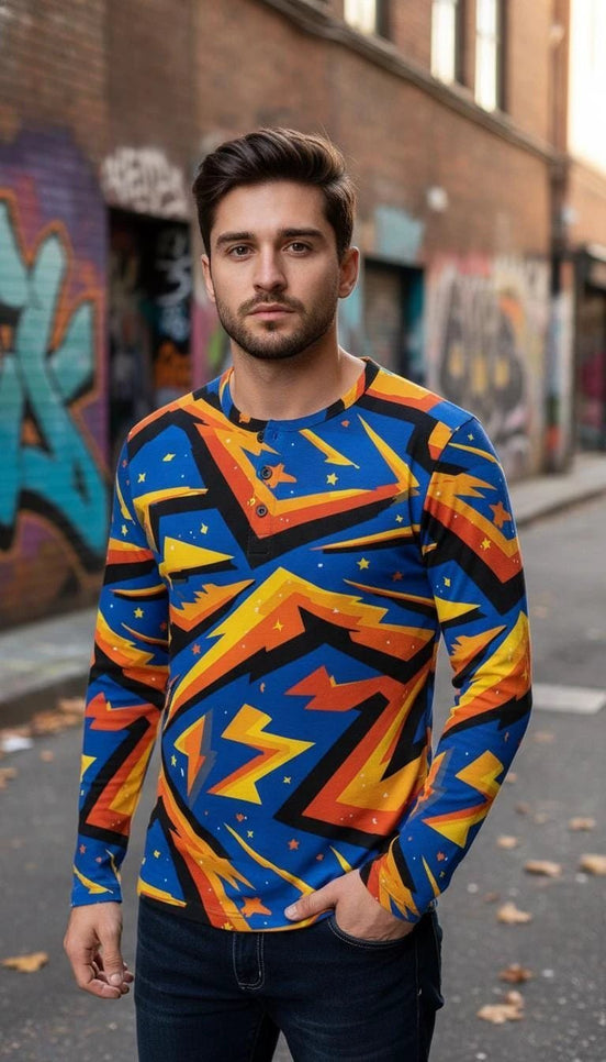 Men's Lightning Henley Shirt – Maximalist Cyberpunk Streetwear by Aesthetic Rebellion