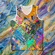 Abstract Bubble Paint basketball jersey by Dyles Mavis — rainbow all-over print of melting paint bubbles and rings in pink, teal, green and gold, white V-neck trim, front flat lay