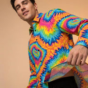 Vibrant Rainbow Psychedelic Tie Dye Button Up Shirt – Groovy Neon Swirl Casual Long Sleeve - Aesthetic Rebellion