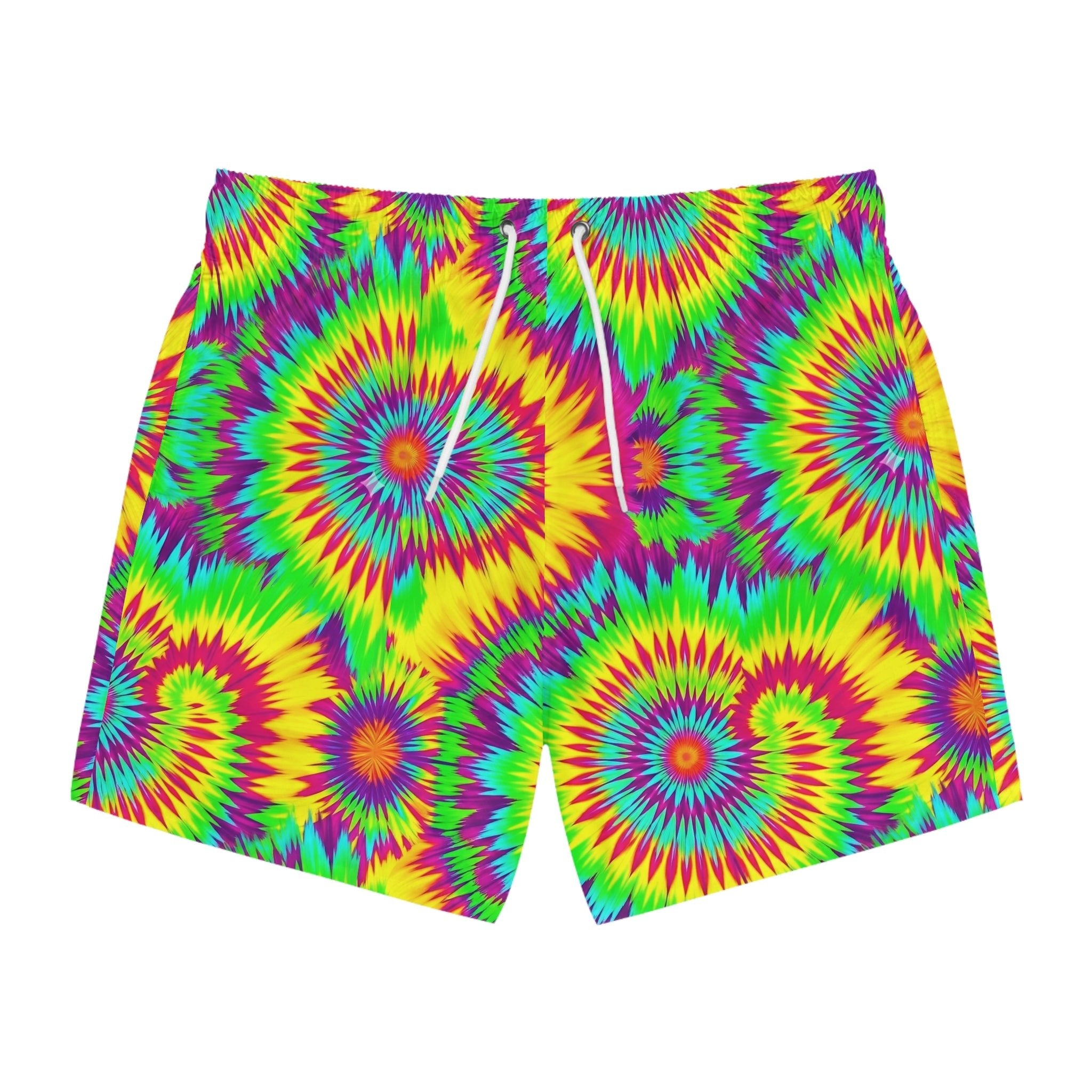 Acid Lime Tie-Dye Swim Trunks — Citrus Spiral AOP Quick-Dry Shorts for Pool Rave Season - Aesthetic Rebellion