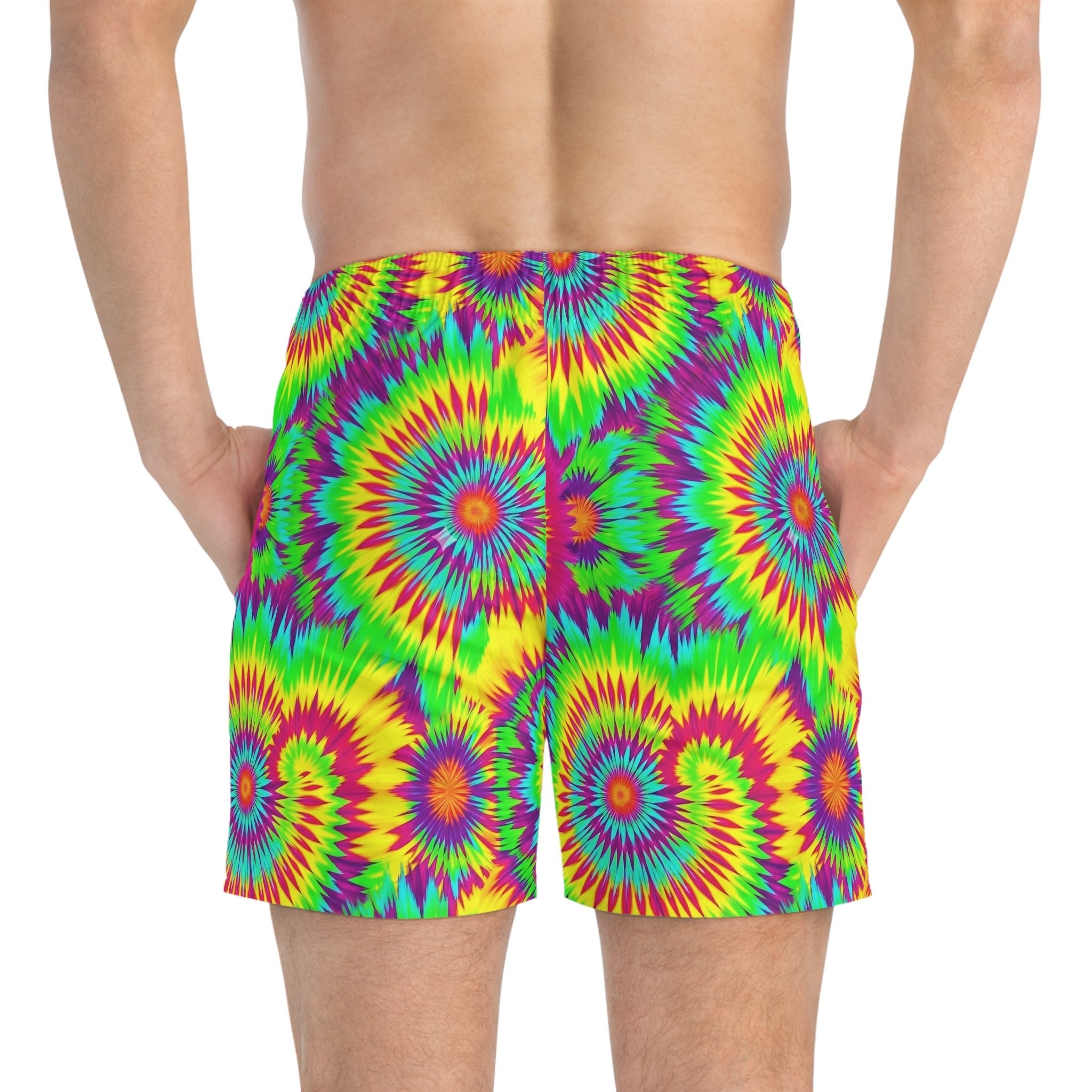 Acid Lime Tie-Dye Swim Trunks — Citrus Spiral AOP Quick-Dry Shorts for Pool Rave Season - Aesthetic Rebellion
