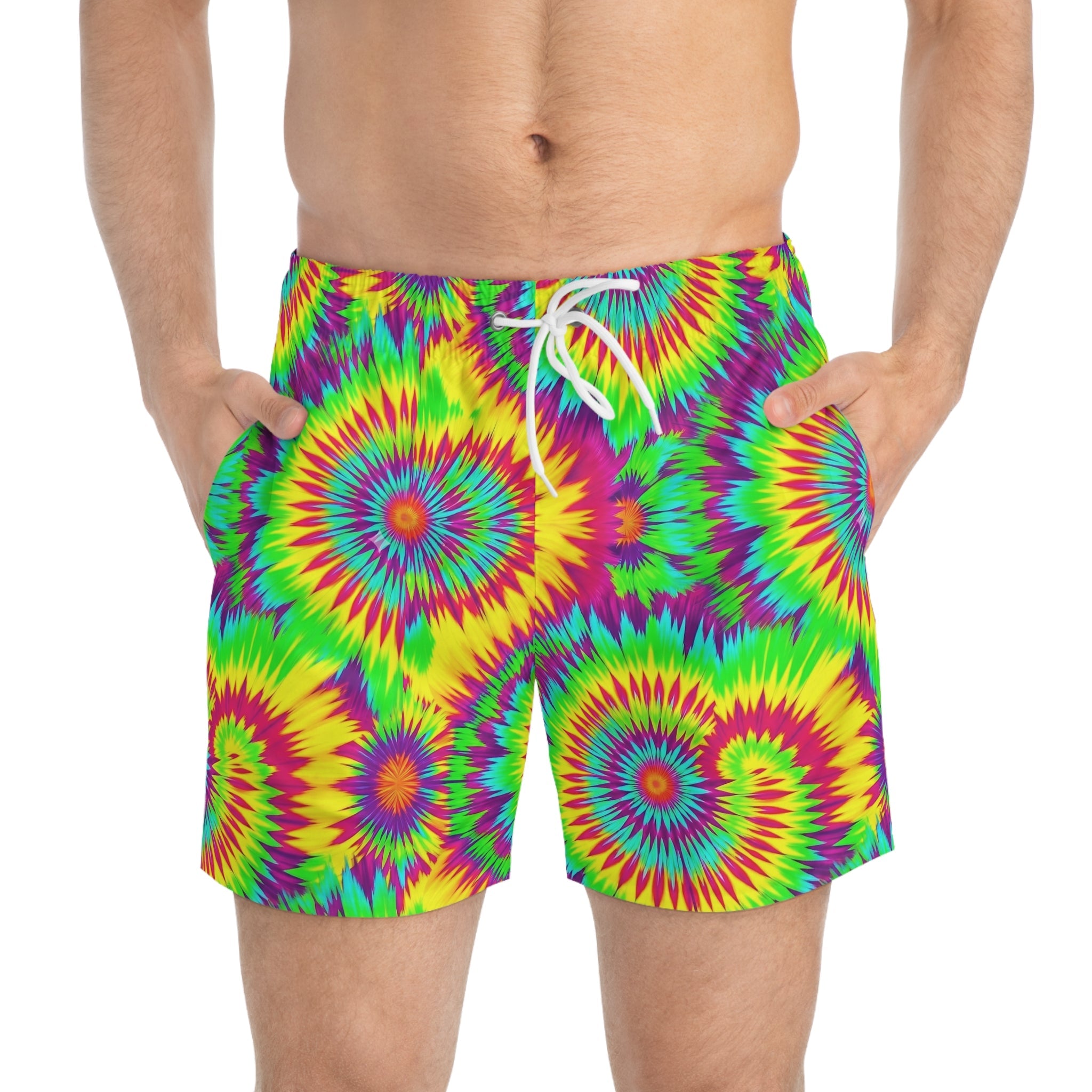 Acid Lime Tie-Dye Swim Trunks — Citrus Spiral AOP Quick-Dry Shorts for Pool Rave Season - Aesthetic Rebellion