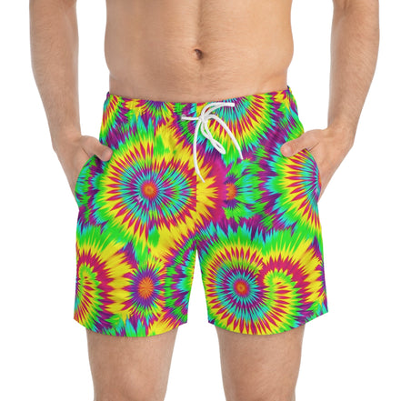Acid Lime Tie-Dye Swim Trunks — Citrus Spiral AOP Quick-Dry Shorts for Pool Rave Season - Aesthetic Rebellion