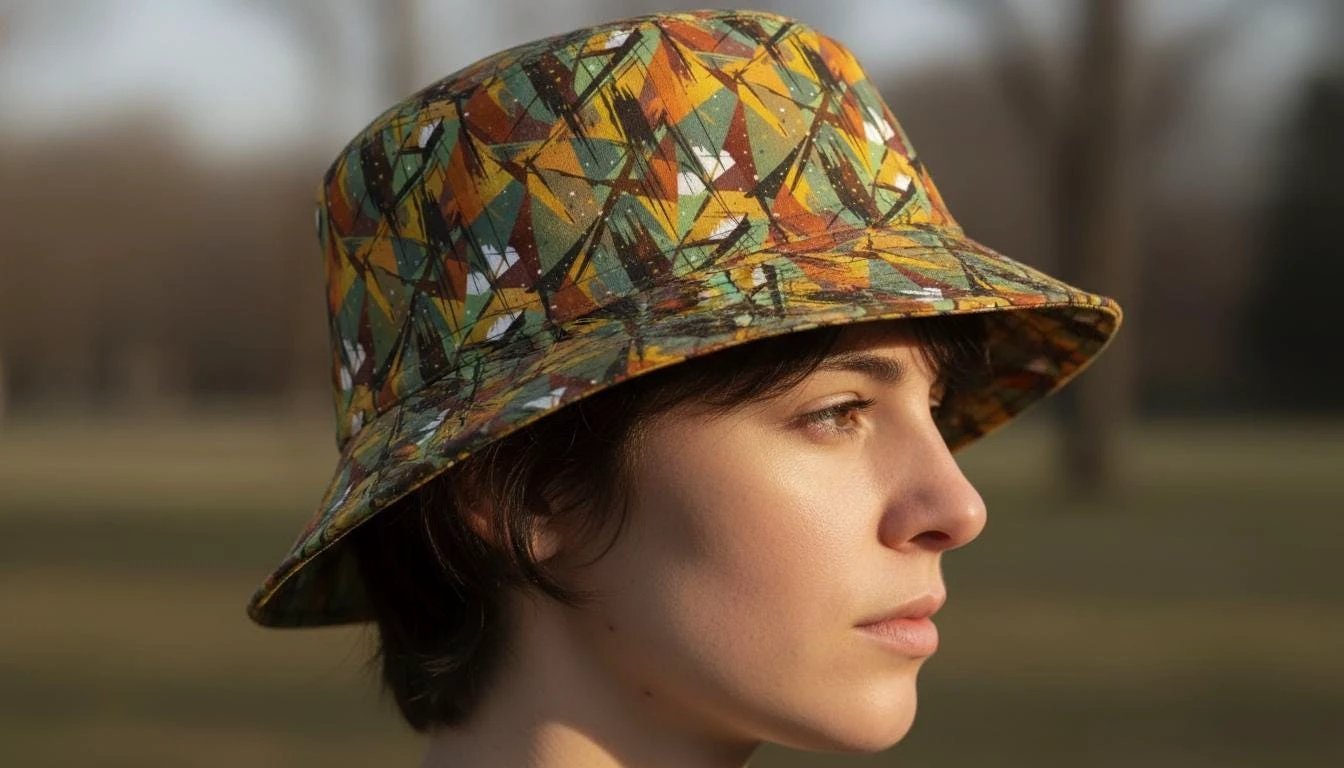 Nature Calls Abstract Leaf Bucket Hat - Earthy Autumn Print Sun Hat for Gorpcore Style by Aesthetic Rebellion