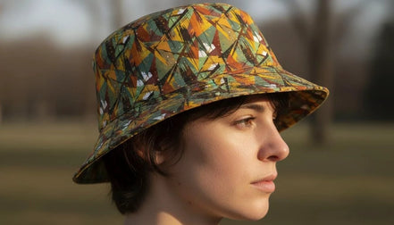 Nature Calls Abstract Leaf Bucket Hat - Earthy Autumn Print Sun Hat for Gorpcore Style by Aesthetic Rebellion