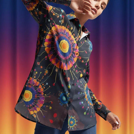 Artisan Cotton Button-Down Shirt - Vibrant All-Over Print Comfort Top for Designer Lounging by Aesthetic Rebellion