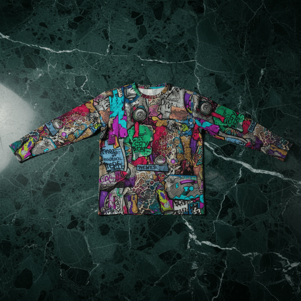Aerosol Alchemists long sleeve tee by Dyles Mavis — dense graffiti sticker-bomb all-over print with spray cans, tags and street art panels in magenta, teal and green, front flat lay on marble