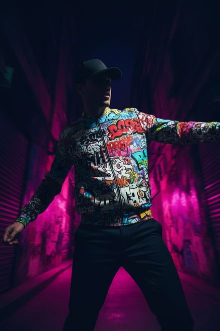 Graffiti Mashup AOP Bomber Jacket — White Street-Tag Collage Statement Outerwear for Urban Art | Aesthetic Rebellion