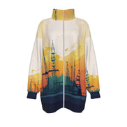 Dockyard Dusk borg fleece coat by Dyles Mavis — oversized stand-up collar coat with all-over print of an industrial crane skyline silhouette against a gold and cream sunset over navy water, front view