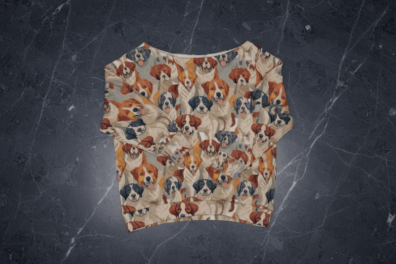 Pawsitive Vibrations Dog Print Sweatshirt for Dog Moms — AOP Off-Shoulder Oversized, Scuba Knit Dog Lover Fashion, Festival-Ready Pet Print, Bold Women's Statement Sweatshirt 2XS–4XL