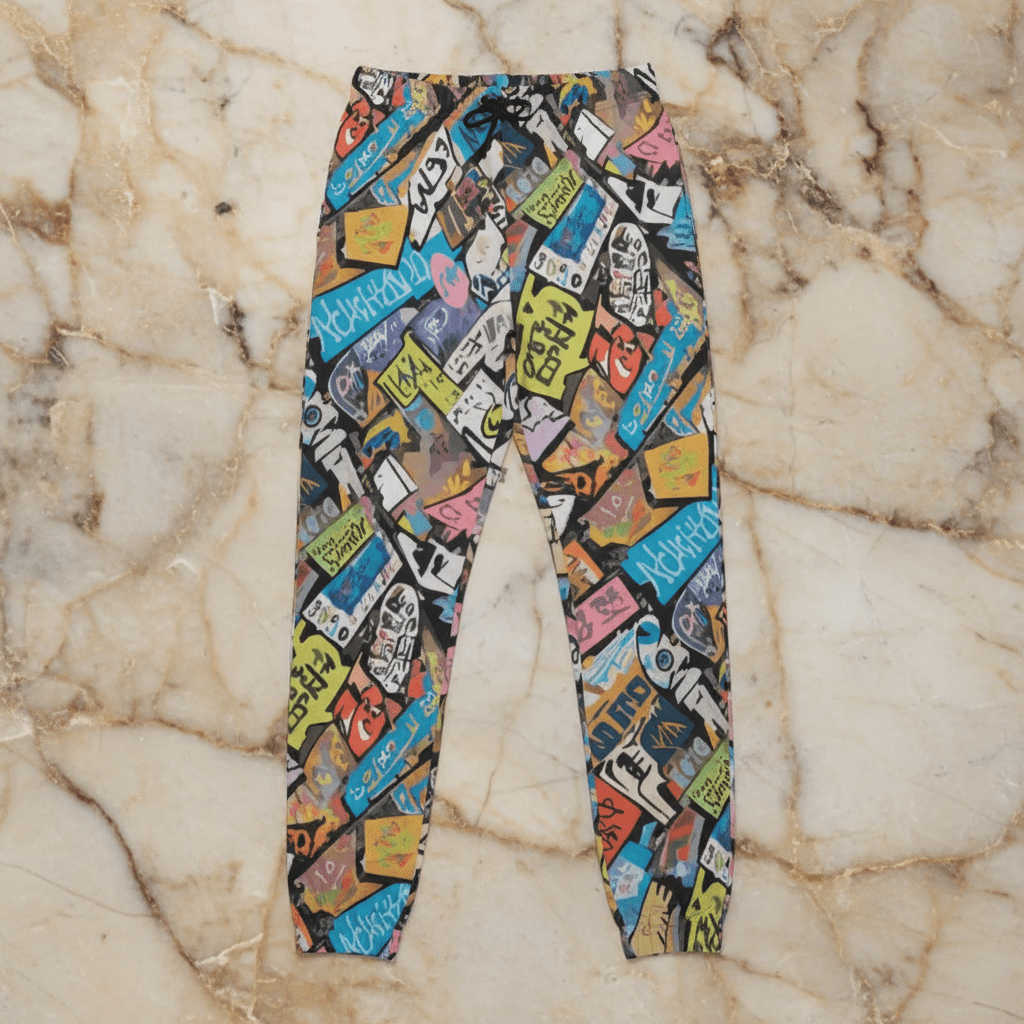 Tag Stack Riot lounge pants by Dyles Mavis — heavyweight cotton sweatpants with all-over print of a dense street-sticker and graffiti tag collage in blue, pink, yellow and black, flat lay on marble