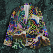 Chromatic Ripple blazer by Dyles Mavis — structured cotton-poplin two-button blazer with all-over print of rainbow liquid marble ripples in gold, purple, teal, green and red, front flat lay on green marble