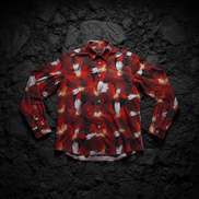 Crimson Plume Bloom long sleeve polo by Dyles Mavis — 220gsm polo shirt with all-over print of painterly crimson and white plumed floral blooms on a black ground, front flat lay