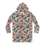 Aviary AOP Women's Hoodie Dress — Dense botanical/floral aop illustration in vivid multicolor tones. Women's hoodie dress with art kid fashion, main character energy, hyperpop streetwear style. Aesthetic Rebellion.