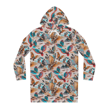 Aviary AOP Women's Hoodie Dress — Dense botanical/floral aop illustration in vivid multicolor tones. Women's hoodie dress with art kid fashion, main character energy, hyperpop streetwear style. Aesthetic Rebellion.