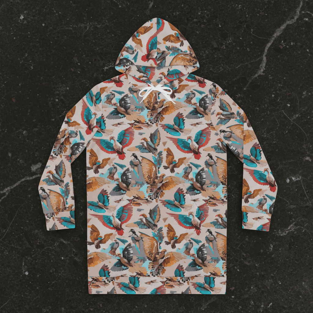 Aviary Fieldbook hoodie dress by Dyles Mavis — women's mid-thigh pullover hoodie dress with all-over print of a maximalist bird and botanical collage in teal, rust, tan and grey, back view flat lay on dark marble