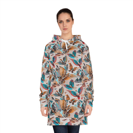 Aviary AOP Women's Hoodie Dress — Dense botanical/floral aop illustration in vivid multicolor tones. Women's hoodie dress with art kid fashion, main character energy, hyperpop streetwear style. Aesthetic Rebellion.
