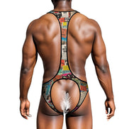 Queer Statement Bodysuit for Bold Dressers — Ticket Down South AOP Underwear, Festival Base Layer, LGBT Intimate Wear, Submissive Play Wear, Mens One-Piece
