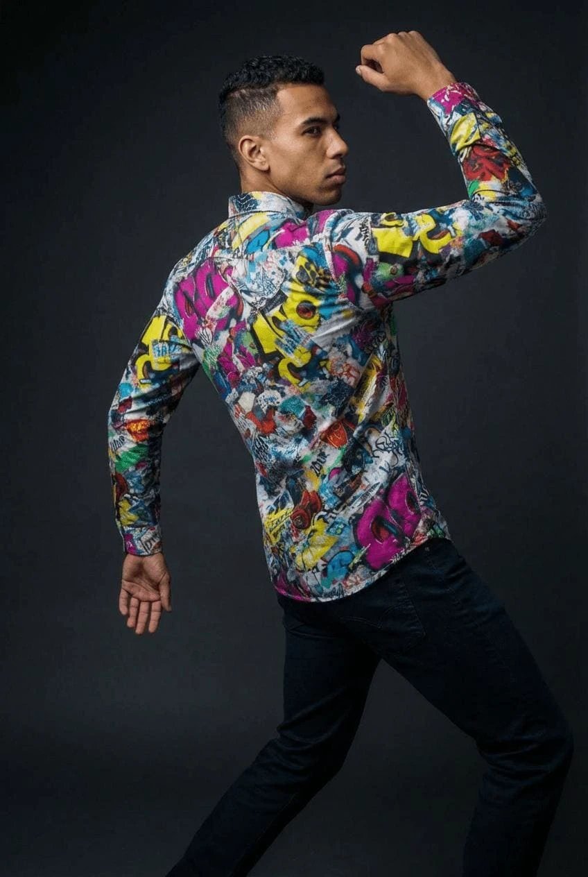 Graffiti Print Cotton Poplin Shirt - Antibacterial Designer Workwear for Creative Directors & Urban Stylists by Aesthetic Rebellion