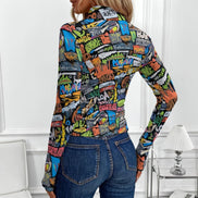 High-Neck Graffiti Print Top – Neon Maximalist Long Sleeve Rave Blouse by Aesthetic Rebellion