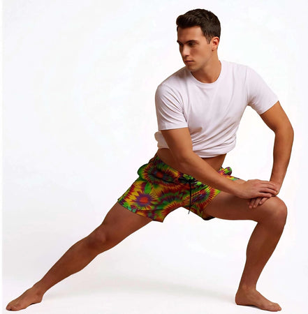 Neon Radial Burst Athletic Shorts - Vibrant Psychedelic Swim Trunks for Bikram Yoga & Rave Fitness by Aesthetic Rebellion