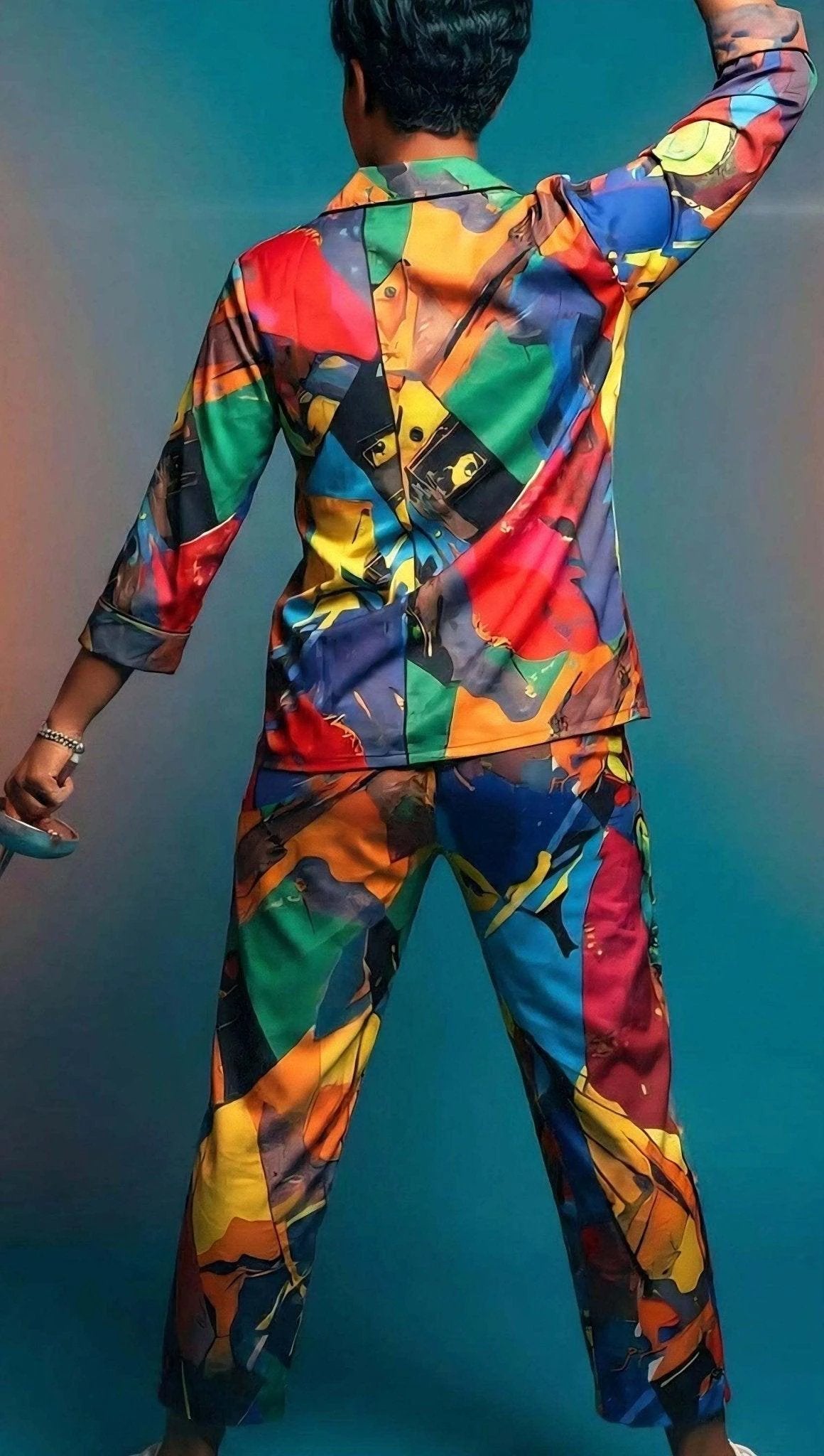 Vibrant Abstract Satin Pajama Set - Luxury All-Over Print Loungewear for Bold Sleepwear by Aesthetic Rebellion