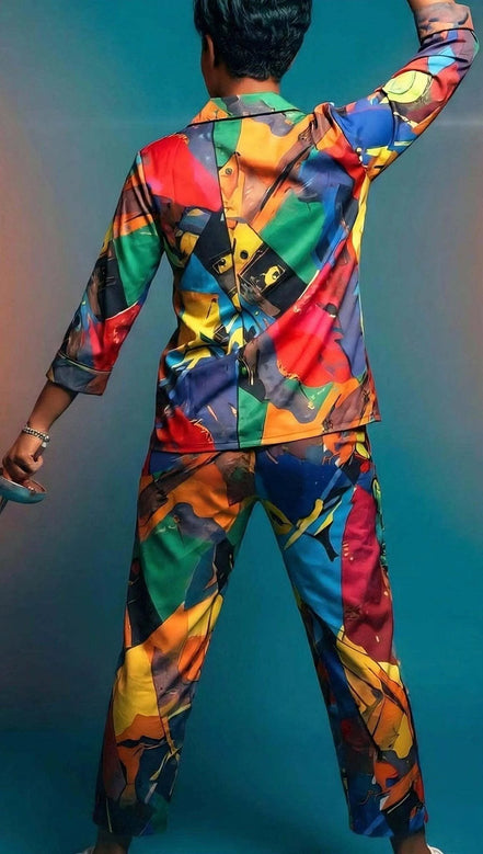 Vibrant Abstract Satin Pajama Set - Luxury All-Over Print Loungewear for Bold Sleepwear by Aesthetic Rebellion