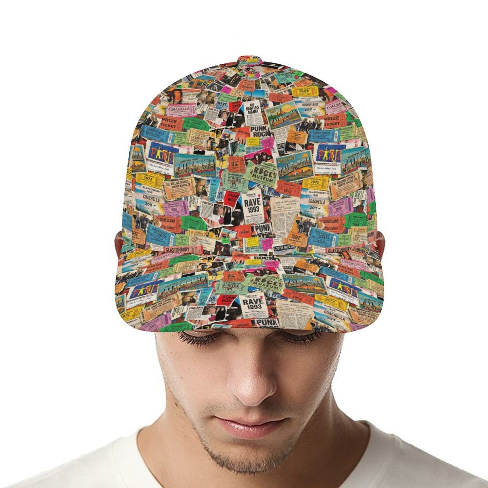 Maximalist AOP Snapback for Wanderlust Dressers — Ticket To Somewhere Bent Brim Cap, Festival Travel Hat, Streetwear Statement, Outdoor Adventure Cap, Unisex Bold Print