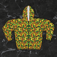 Banana Slip zip hoodie by Dyles Mavis — 250gsm fleece zip hoodie with all-over print of psychedelic swirl pattern in yellow, green, orange and red, continuous print with no seam breaks, front flat lay