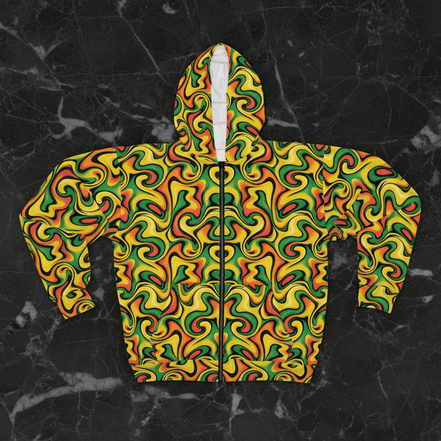 Banana Slip zip hoodie by Dyles Mavis — 250gsm fleece zip hoodie with all-over print of psychedelic swirl pattern in yellow, green, orange and red, continuous print with no seam breaks, front flat lay