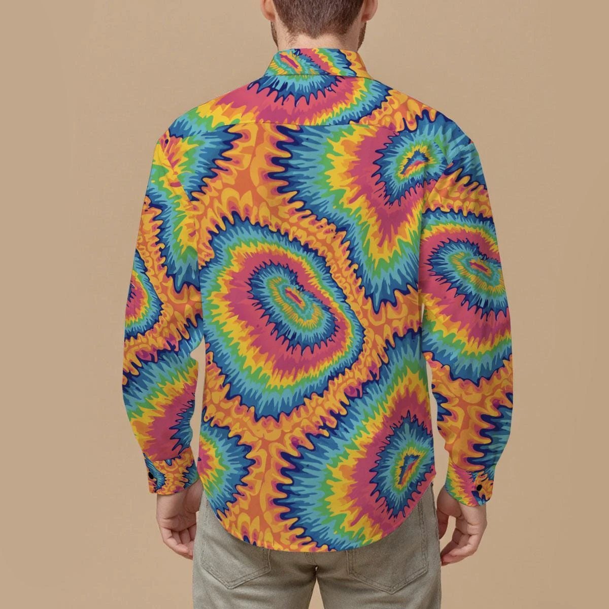 Vibrant Rainbow Psychedelic Tie Dye Button Up Shirt – Groovy Neon Swirl Casual Long Sleeve - Aesthetic Rebellion