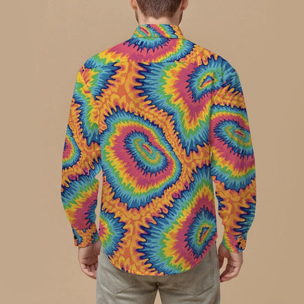 Vibrant Rainbow Psychedelic Tie Dye Button Up Shirt – Groovy Neon Swirl Casual Long Sleeve - Aesthetic Rebellion