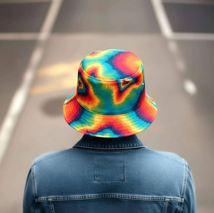 Psychedelic Summer Sun Bucket Hat - Bold Rainbow Geometric Headwear for Beach & Festivals by Aesthetic Rebellion