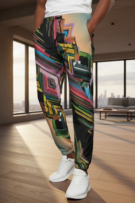 Colorful Abstract Floral Pants — dense multicolor tropical floral illustration covering the fabric edge to edge. Unisex pants with a botanical maximalist, dopamine-dressing streetwear vibe. Aesthetic Rebellion.