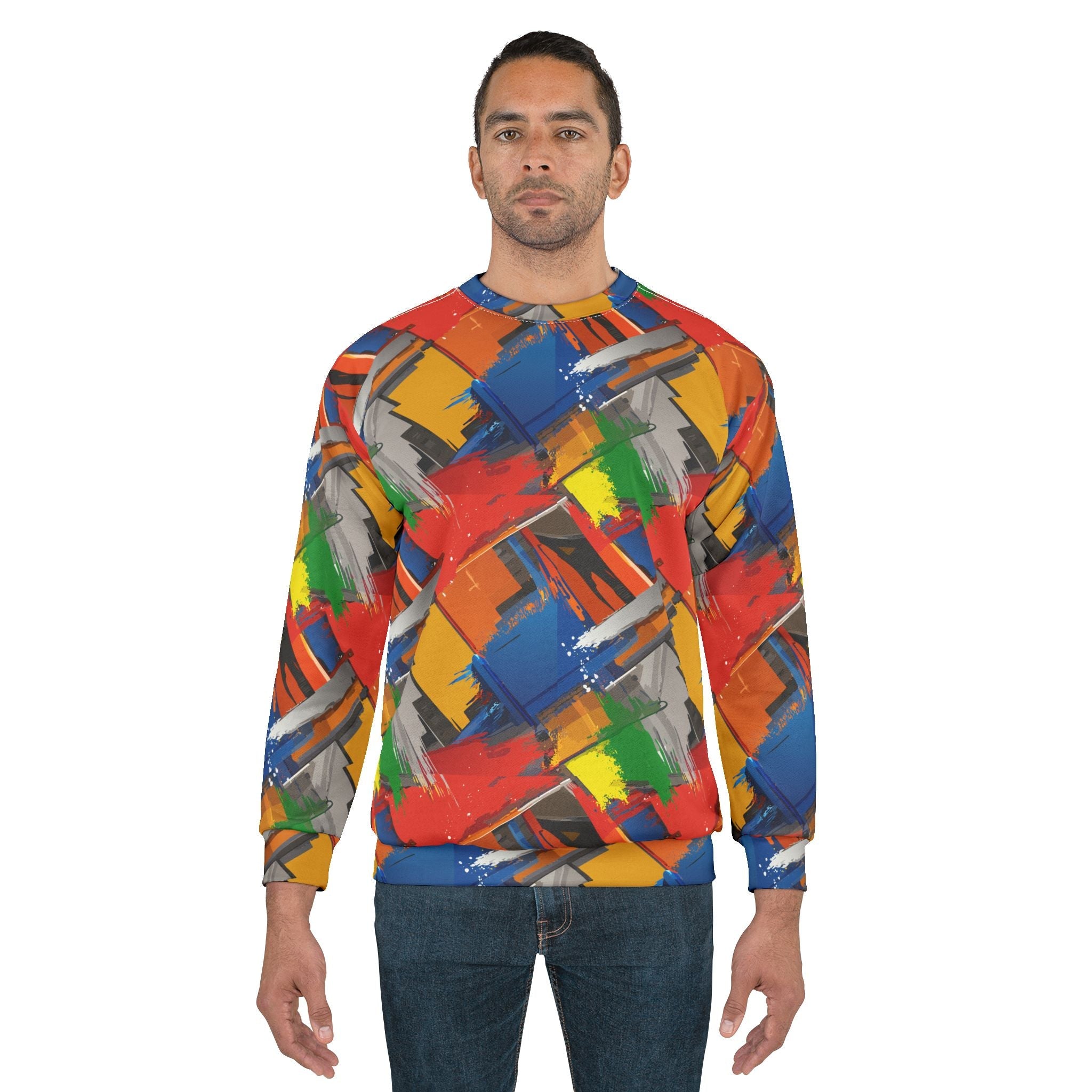 Brushstroke Riot Unisex Sweatshirt — Primary Color Paint-Dab AOP Crewneck with Art-School Energy - Aesthetic Rebellion