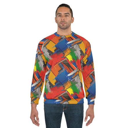 Brushstroke Riot Unisex Sweatshirt — Primary Color Paint-Dab AOP Crewneck with Art-School Energy - Aesthetic Rebellion