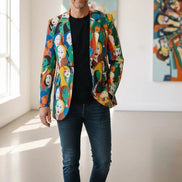 Urban Crowd Faces Designer Blazer - Bold All-Over Print Cotton Suit Jacket for Creatives by Aesthetic Rebellion
