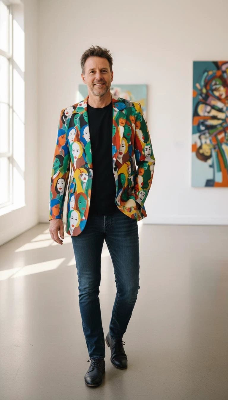 Urban Crowd Faces Designer Blazer - Bold All-Over Print Cotton Suit Jacket for Creatives by Aesthetic Rebellion